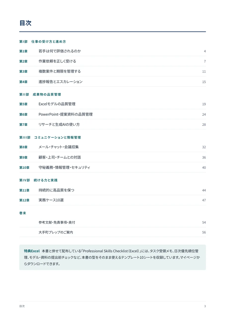 目次（4部12章）｜仕事の受け方から情報管理・実務ケースまでの全体構成。